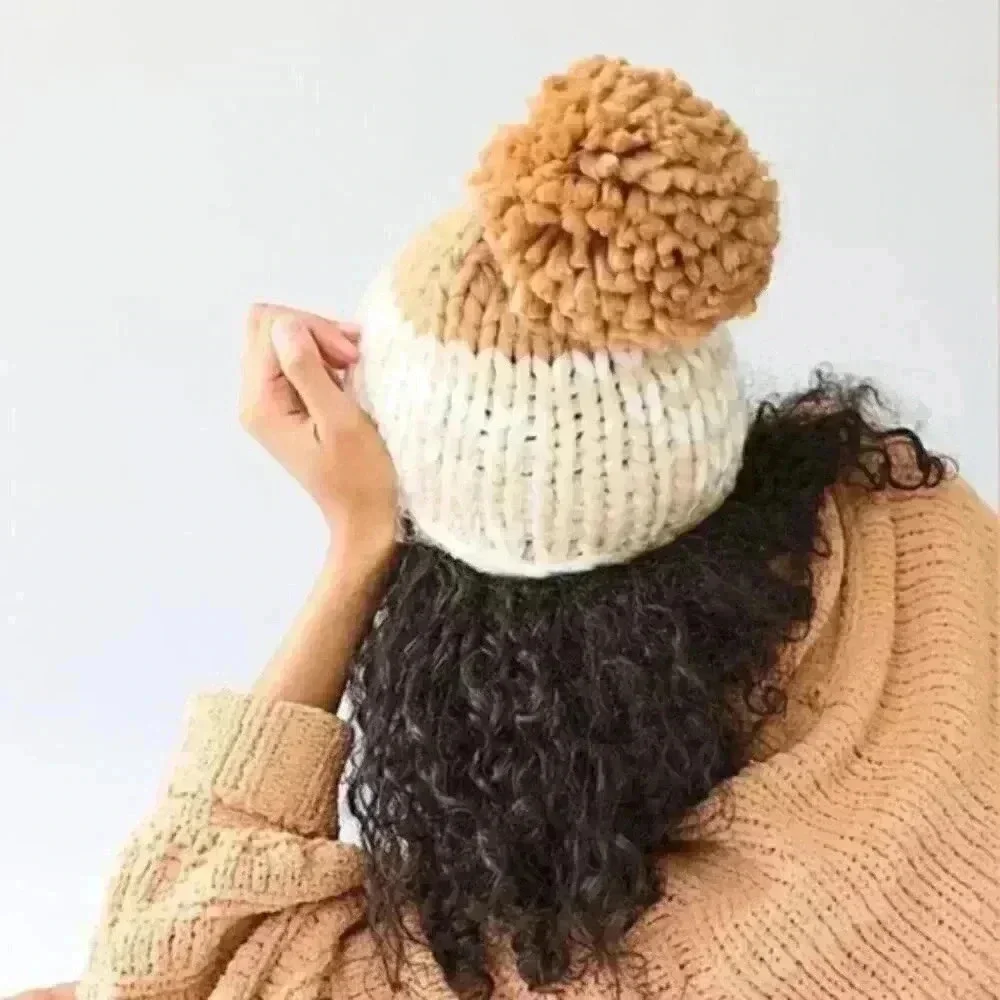 Free People Cozy Up Color Block Pom Pom Beanie Hat NWT